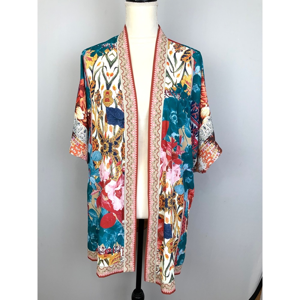 Chicos XS Satin Tapestry Mixed Print Floral Longline Kimono Duster Art To Wear